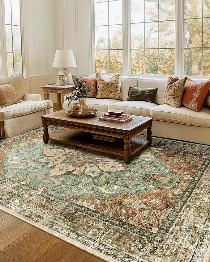 RELEANY Area Rugs 7'x9' Washable Non-Slip, Floral Vintage Distress Medallion Carpet for Living Room Bedroom Dining Room, Terracotta Burnt Orange Green