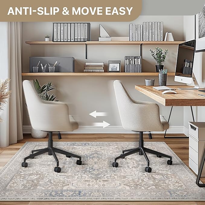 48"x60" Office Chair Mat for Hardwood Tile Floor, Under Desk Carpet Protector for Rolling Computer Chair Mat, Machine Washable Area Rug, Anti-Slip 1/5" Thick Low Pile Thin Vinyl Floor Mat, Khaki Blue
