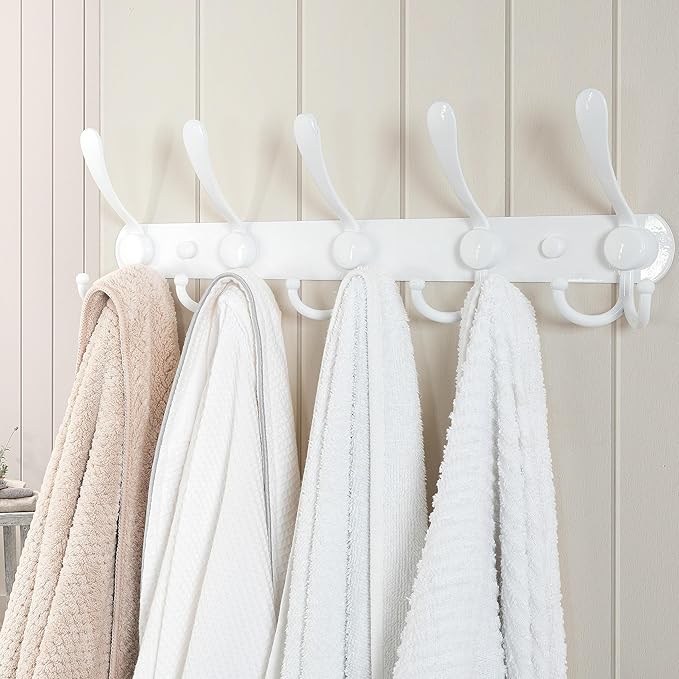 Dseap Wall Mounted Coat Rack - 5 Tri Hooks, Heavy Duty, Stainless Steel, Metal Coat Hook Rail for Coat Hat Towel Purse Robes Mudroom Bathroom Entryway (White, 2 Packs)