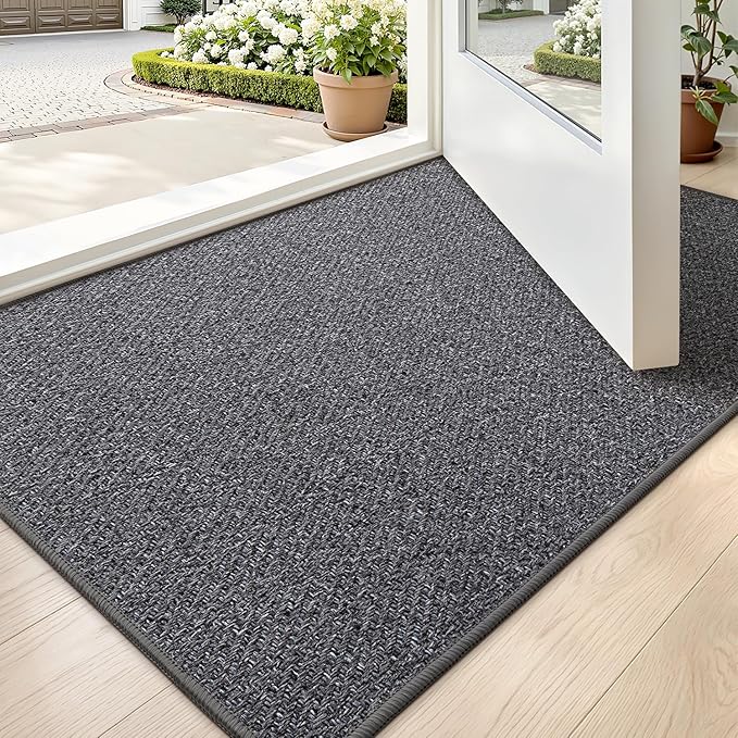 LUMI Ultra Thin Indoor Door Mat for Entrance 24"x36", Non Slip Entryway Mat, Low Profile Doormat, Unique Herringbone Design Carpet for Inside, Patio, Porch, Charcoal Gray