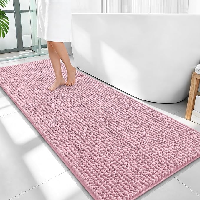 OLANLY Thick Bathroom Runner Rugs 59x24, Extra Soft Absorbent Chenille Bath Rugs, Rubber Backing, Machine Wash Dry, Long Bath Mats for Bathroom, Tub and Shower, Home Decor Accessories, Dusty Rose