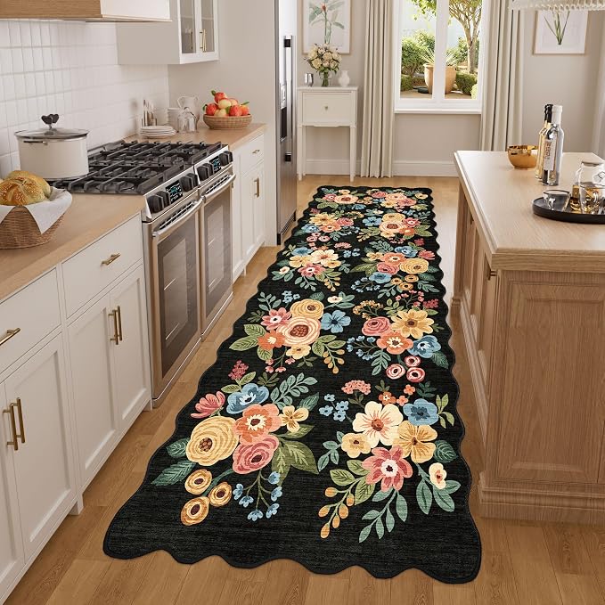 DUKINO 3x8 Washable Runner Rug, Soft Indoor Floral Non Slip Long Runner Rug for Hallways, Lightweight & Low Pile Floor Carpet for Kitchen, Entryway, Hallway, Bathroom, Laundry, Bedroom, Black