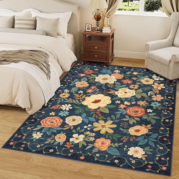 DUKINO 9x12 Area Rug, Floral Rugs for Living Room, Lightweight Non Slip Washable Rug, Indoor Low Pile & Non-Shedding Boho Design Rugs for Bedroom, Living Room, Dining Room, Dark Blue