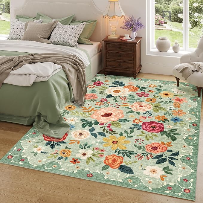 DUKINO 6x9 Area Rug, Floral Rugs for Living Room, Lightweight Non Slip Washable Rug, Indoor Low Pile & Non-Shedding Boho Design Rugs for Bedroom, Living Room, Dining Room, Green