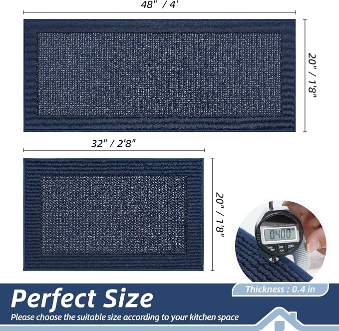 BEQHAUSE Kitchen Rugs and Mats Set of 2 Non-Slip Kitchen Mats for Floor, Absorbent and Stain Resistant Kitchen Runner, Machine Washable Rugs for Kitchen, Laundry & Sink, 20"x32"+20"x48", Blue