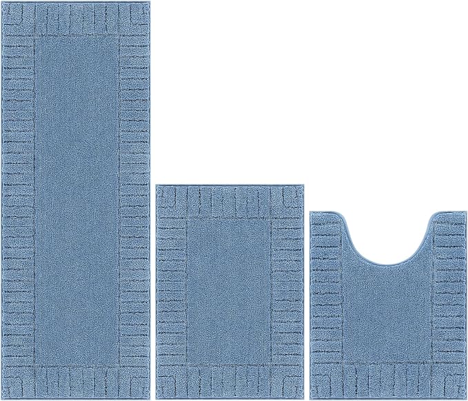 Pauwer Bathroom Rugs Sets 3 Piece Bathroom Shower Rugs with U-Shaped Contour Toilet Mat Absorbent Microfiber Plush Bath Mats Non Slip Bath Rugs Machine Washable Shaggy Bath Mat Set, Blue