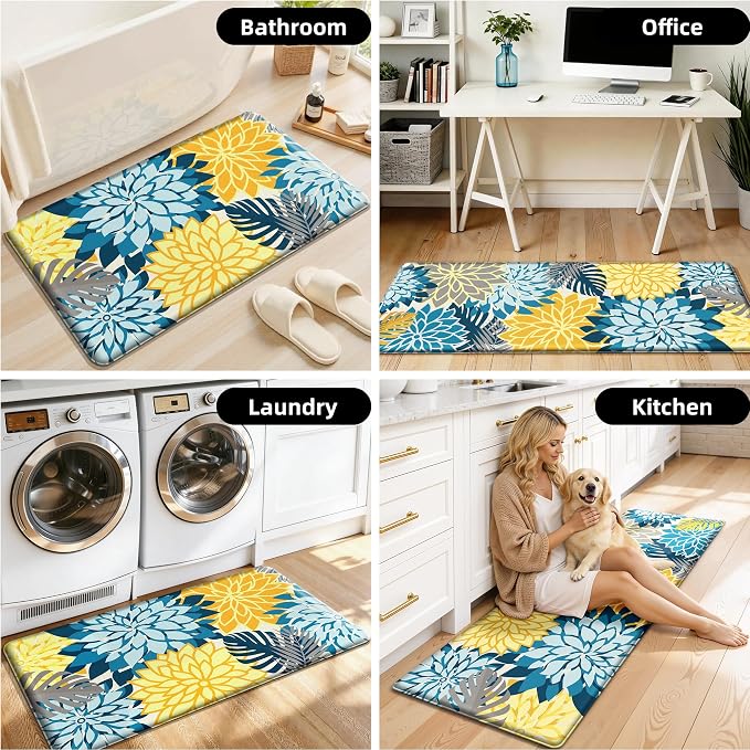 Arenarug Kitchen Mats for Floor 2PCS Cushioned Anti Fatigue Kitchen Mats Waterproof Non Slip Kitchen Mat Rug Set Comfort Foam Standing Mat for Sink, Laundry, Office, 24"x39"+24"x59", Yellow Teal