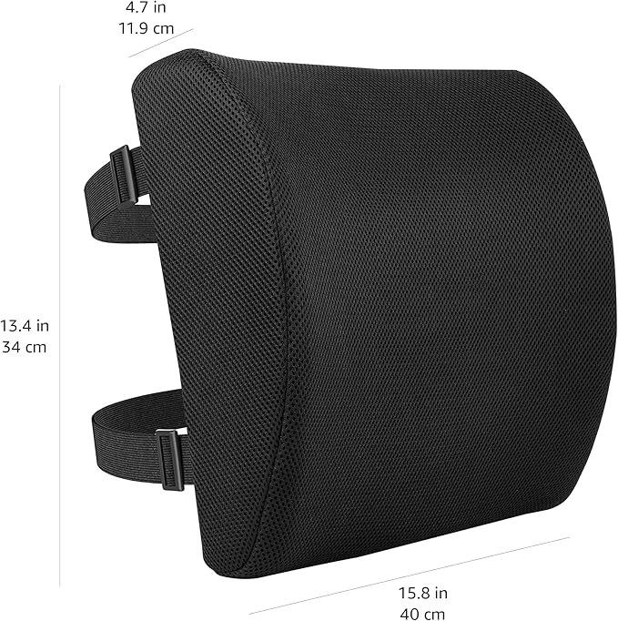 Amazon Basics Rectangular Memory Foam Back Support Cushion for Office Chairs, Non-Slip Base for Long Sitting, Black