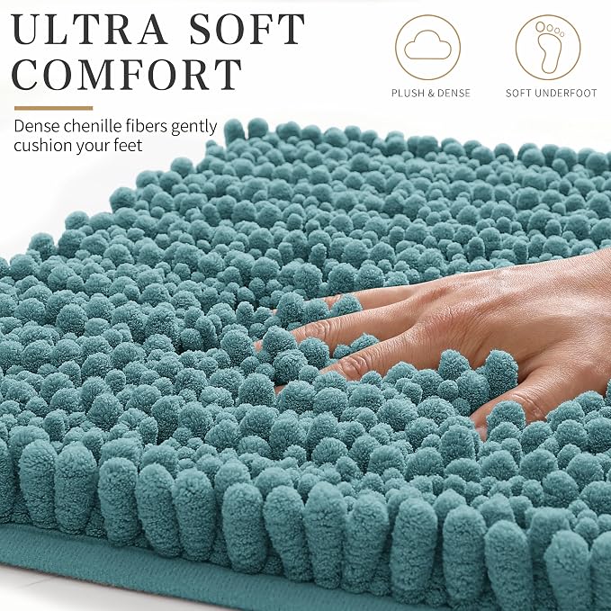 Yimobra Bathroom Rugs Non Slip Washable 24x17 Inch - Ultra Soft Absorbent Chenille Bath Mat, Quick Dry Shaggy Floor Carpet for Tub Shower, Teal Blue Home Decor Accessories