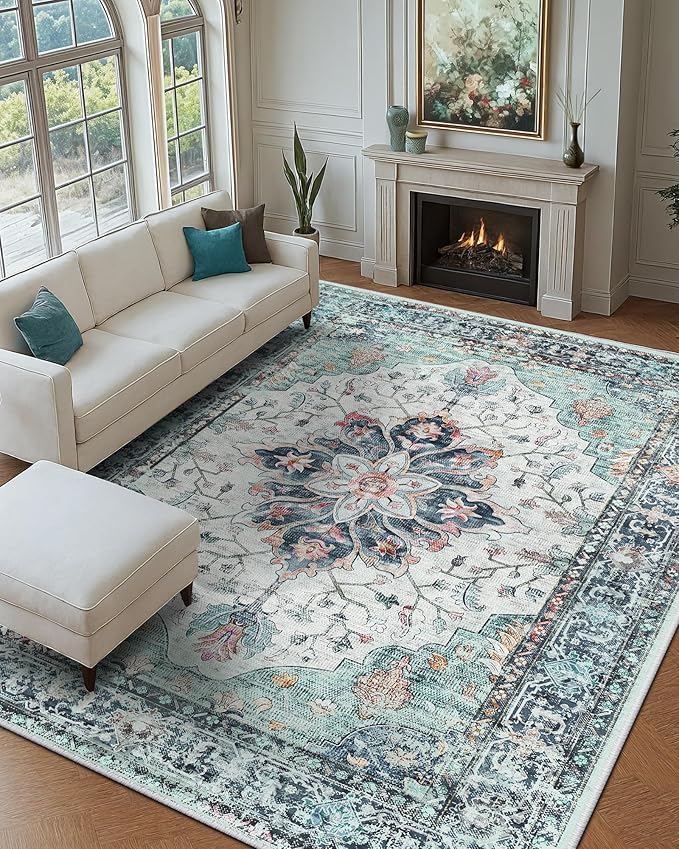 RELEANY Area Rugs Large 9'x12' Washable Non-Slip, Floral Vintage Distress Medallion Carpet for Living Room Bedroom Dining Room, Green Navy Blue White Red Teal