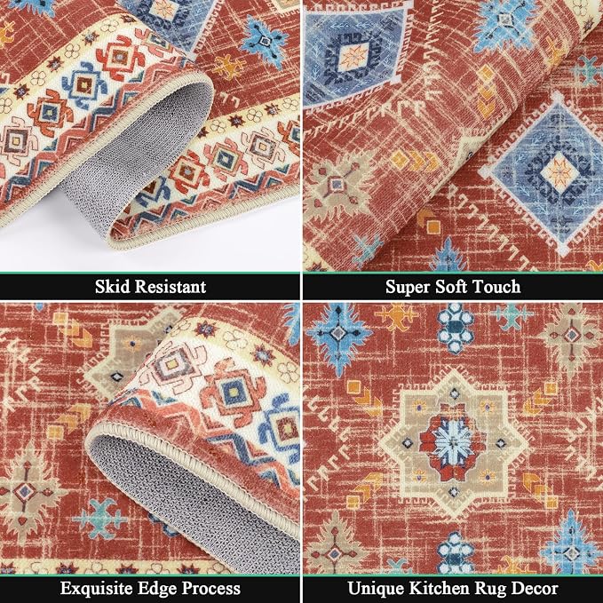 HEBE Boho Kitchen Rug Sets 3 Piece with Runner Non Slip Kitchen Rugs and Mats Washable Kitchen Mats for Floor Thick Kitchen Floor Mat Carpet Runner Rugs for Hallway Laundry Holiday Decor