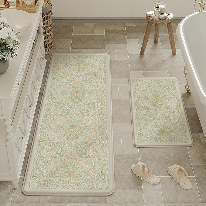 Kitchen Mats for Floor Thick Anti Fatigue Waterproof Vintage Spring Floral Kitchen Rugs 2PCS Cushioned Non Slip Green Comfort Standing Mats for Sink Laundry Office 17.3"×47"+17.3"×30"