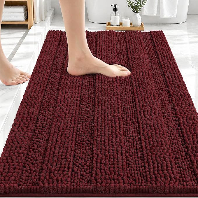 OLANLY Thick Bathroom Rugs 30x20, Extra Absorbent Chenille Striped Bath Rugs, Rubber Backing, Machine Wash Dry, Bath Mats for Bathroom Floor, Tub and Shower, Home Decor Accessories, Andorra Red-Brown