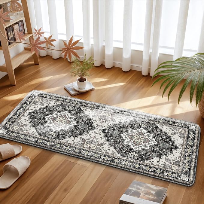 Boho Kitchen Mats for Floor 2 Piece Set Anti Fatigue Cushioned PVC Kitchen Rugs Non Slip Waterproof Farmhouse Mats 2/5 Inch Comfort Standing Mat for Laundry, 17.3"x47"+17.3"x28", Black Brown Grey