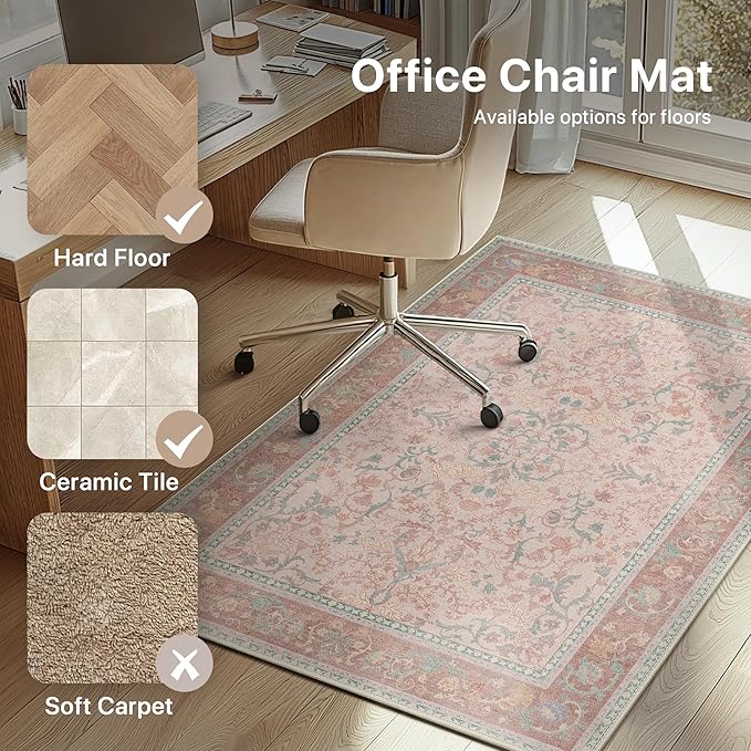 48"x60" Office Chair Mat for Hardwood Tile Floor, Under Desk Carpet Protector for Rolling Computer Chair Mat, Machine Washable Area Rug, Anti-Slip 1/5" Thick Low Pile Thin Vinyl Floor Mat, Pink