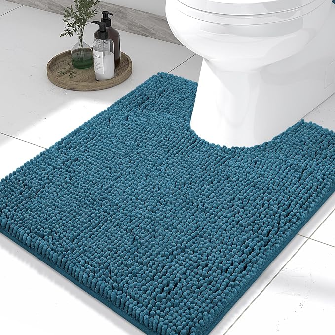 Smiry Luxury Chenille Toilet Rugs U-Shaped 24x20, Soft Absorbent Non-Slip Contour Bathroom Rugs for Toilet, Machine Washable Contoured Bath Mats, Peacock Blue
