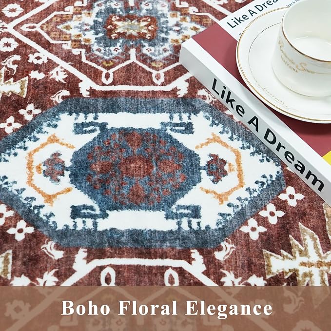 Washable Non-Slip Kitchen Rugs Set of 3 – Boho Soft Mats and Runner for Bathroom, Entryway, Hallway Room – Stain-Resistant Low-Pile Indoor Carpet (Red, 2x3+2x4+2x5)