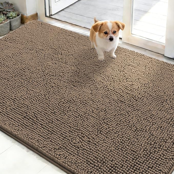 OLANLY Dog Door Mat for Muddy Paws 48x30, Absorbs Moisture and Dirt, Absorbent Non-Slip Washable Doormat, Quick Dry Chenille Mud Mat for Dogs, Entry Indoor Entryway Carpet for Inside Floor, Tan