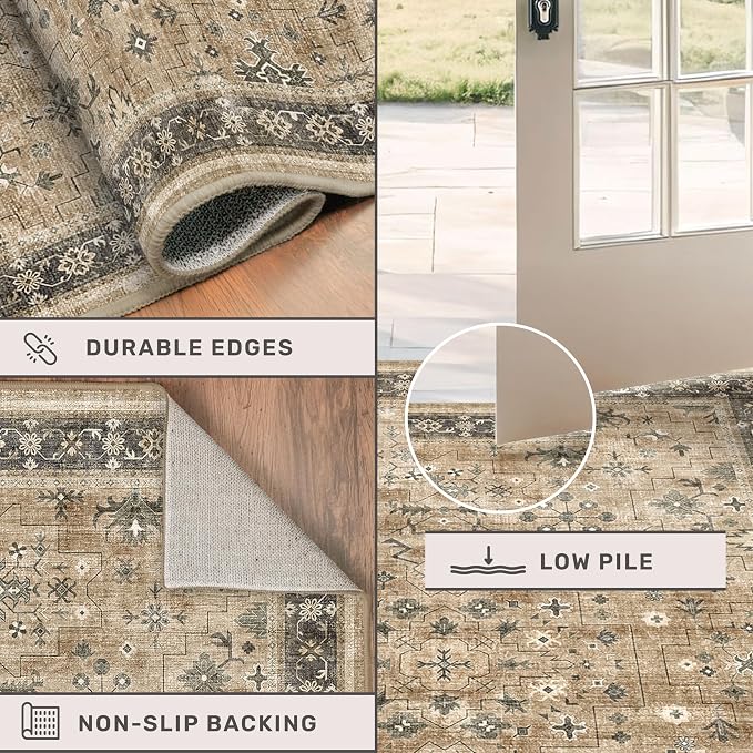 Boho Earth Tone 4x6 Large Entryway Rug - Distressed Natural Taupe Washable Mudroom Area Rug, Modern Vintage Kitchen Floor Carpet, Low Pile Non-Slip Carpet for Door Mat Indoor Entrance