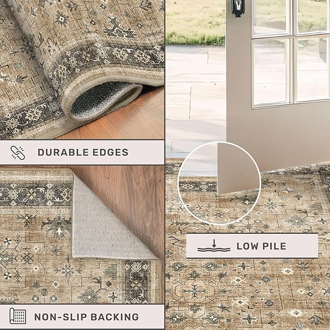Soft Taupe 2x5 Indoor Entryway Floor Mat, Small Runner Rug for Mudroom Kitchen and Bathroom, Non-Slip Low-Pile Washable Stain Resistant, Vintage Natural Earthy Décor