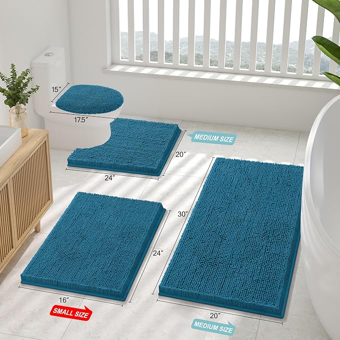 Smiry Luxury Chenille Bathroom Rugs 30x20, Extra Soft and Absorbent Shaggy Bath Mat, Machine Washable, Non-Slip Plush Carpet Runner for Tub, Shower, and Floor, Home Decor Accessories, Peacock Blue