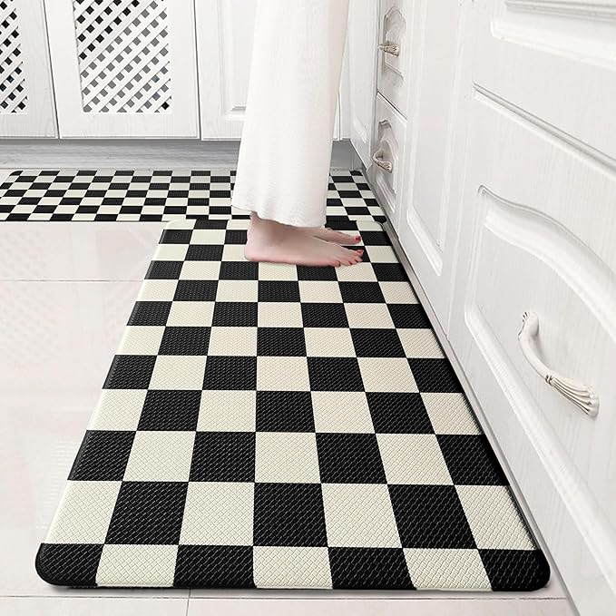 Beige Black Checkered Grid Checkerboard Kitchen Rug Sets [2 PCs], Anti-Fatigue, Waterproof Non-Slip Kitchen Mats Heavy Duty Comfort Foam Rug for Kitchen, Floor, Laundry,17"x29"+17"x47"