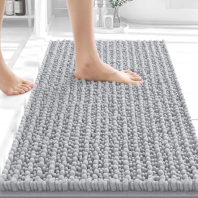 OLANLY Bathroom Rug Mat 24x16, Thick Soft and Absorbent Chenille Bath Mat, Non-Slip Rubber Backing, Machine Washable Quick Dry Bath Rugs for Tub Shower Floor, Home Decor Accessories, Light Grey