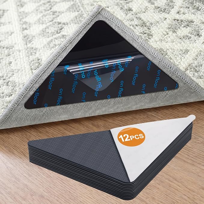 12 Pcs Rug Tape,Anti Slip Rug Pads Grippers for Hardwood Floors and Tiles,with Strong Adhesive Grid Backing -No Residue,Reusable Carpet Tape, Double-Sided Adhesive Rug Stickers