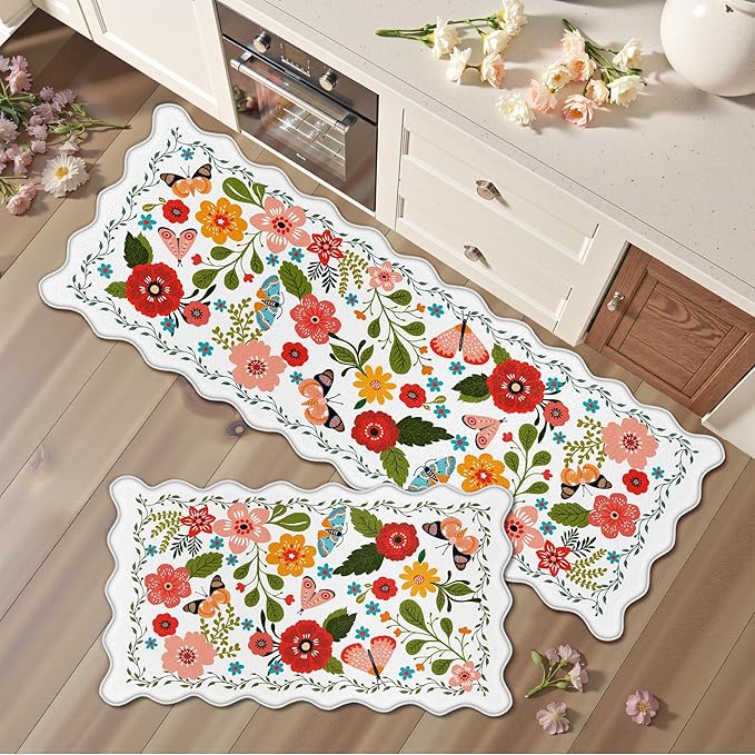 Arenarug Scalloped Kitchen Mats for Floor 2PC Cushioned Anti Fatigue Kitchen Mats Rugs Waterproof Non Slip Farmhouse Boho Floral Comfort Foam Standing Mat for Sink Laundry, White
