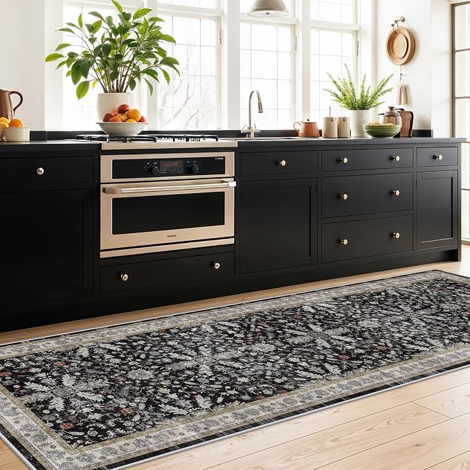 3x10 ft Long Kitchen Runner Rug – Non-Slip Washable Hallway Carpet Runner with Rubber Backing, Boho Floral Low Pile Thin Wide Runners for Entryway Indoor（Black,3x10）
