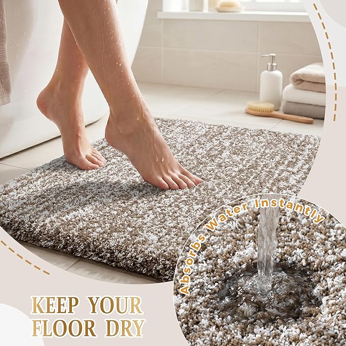 Yimobra Bath Rugs for Bathroom 32X20, Ultra Soft and Water Absorbent Bath Mats, Non Slip Plush Shower Rugs, Microfiber Thick Matts for Bathroom Floor/Tub, Machine Washable, Light Brown and White