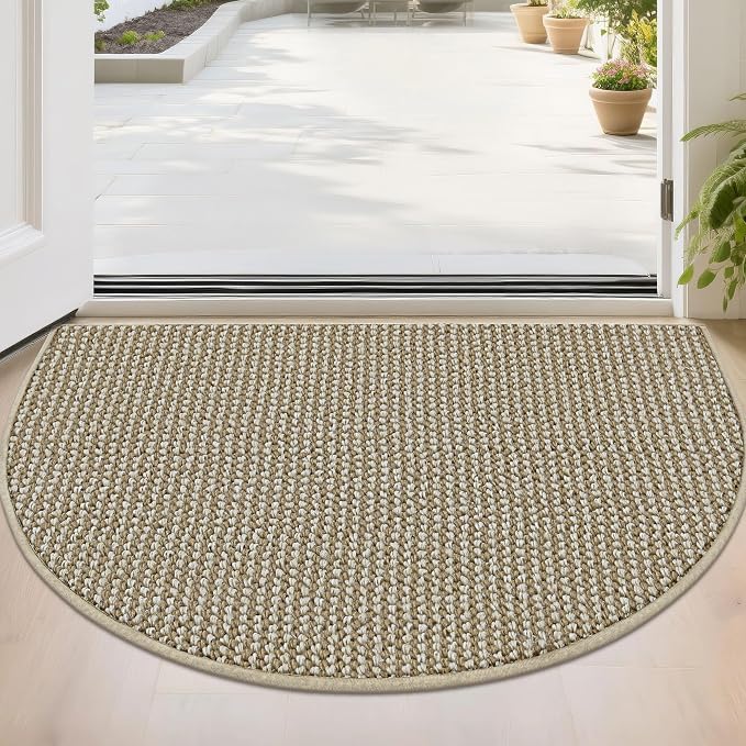 BEQHAUSE Dirt Trapper Door Mat 24" x 36" Half Circle Non-Slip Washable Doormats Entrance Rugs Absorbent Welcome Low Profile Floor Mats for Front Back Door and Entryway, Light Beige