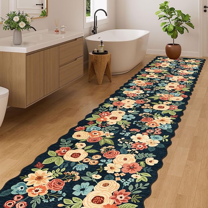 DUKINO 2.6x12 Runner Rug for Hallway, Non Slip Floral Washable Kitchen Rug with Low Pile Design, Boho Stain Resistant Floor Carpet Runner for Entryway, Bathroom, Laundry, Bedroom, Navy Blue