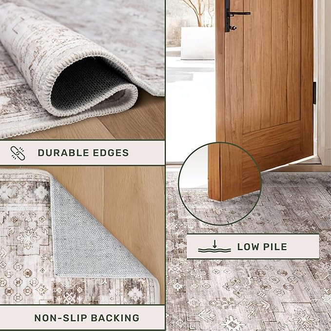 Washable Farmhouse Living Room Rug, 10x14 Area Rugs for Bedroom, Dining Room Under Table Carpet, Kids Room, Extra Large Boho Vintage Non-Slip Rugs Low Pile Stain Resistant (10x14 Beige/Latte)