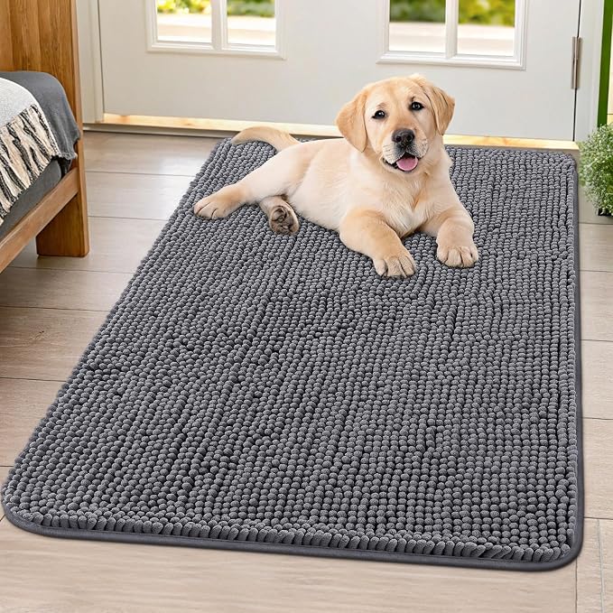 Smiry Dog Door Mat for Muddy Paws 40x32, Absorbent Dirt Trapper, Non-Slip Washable Chenille Entryway Rug for Inside Floor, Dark Grey, Classic Solid