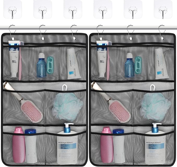 F-color Cruise Essentials 2026 - Mesh Shower Organizer Hanging with 7 Pockets for RV Gym Camping, Quick-Dry Portable Toiletry Bag with Metal Hooks for Bathroom Travel Toiletries, Black+Black
