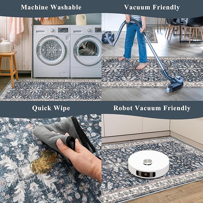2x6ft Washable Hallway Carpet Runner – Non-Skid Floor Runner Rug for Kitchen Indoor Entryway Bedroom Bathroom Bedside – Boho Vintage Soft Low-Pile Area Rug (Blue,2x6)