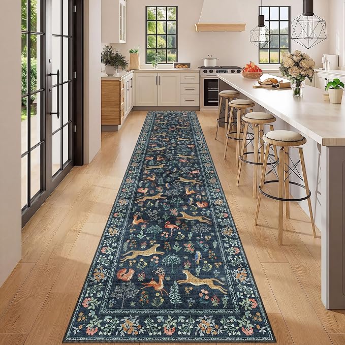 DUKINO 2.6x12 Hallway Runner Rug, Vintage Washable Loog Kitchen Rug with Non Slip Backing, Stain Resistant & Low Pile Animal Print Carpet for Indoor Entrance Bathroom, Laundry, Bedroom, Navy Blue