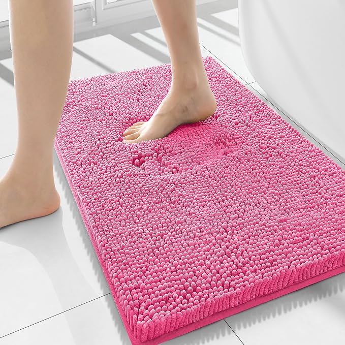 Smiry Luxury Chenille Bathroom Rugs 34x21, Extra Soft and Absorbent Shaggy Bath Mat, Machine Washable, Non-Slip Plush Carpet Runner for Tub, Shower, and Floor, Home Decor Accessories, Hot Pink