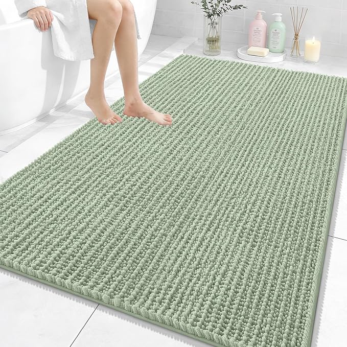 OLANLY Bathroom Rug Mat 59x35, Thick Soft and Absorbent Chenille Bath Mat, Non-Slip Rubber Backing, Machine Washable Quick Dry Bath Rugs for Tub Shower Floor, Home Decor Accessories, Sage Green