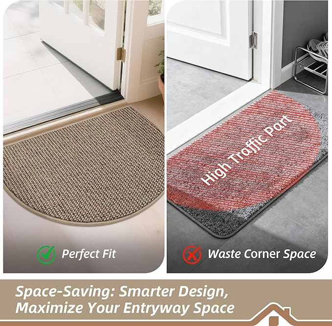 BEQHAUSE Dirt Trapper Door Mat 26" x 40" Half Circle Non-Slip Washable Doormats Entrance Rugs Absorbent Welcome Low Profile Floor Mats for Front Back Door and Entryway, Taupe