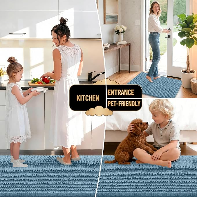 OLANLY Thick Bathroom Runner Rugs 47x17, Extra Soft Absorbent Chenille Bath Rugs, Rubber Backing, Machine Wash Dry, Long Bath Mats for Bathroom Floor, Tub and Shower, Home Decor Accessories, Airy Blue
