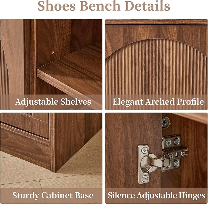 BERRYMERRY 39.4" Fluted Shoe Storage Bench for Entryway,2 Tier Shoe Cabinet Bench with Adjustable Shelf,Bench for Bedroom End of Bed (Walnut, 13.8”D x 39.4”W x 18.5”H)