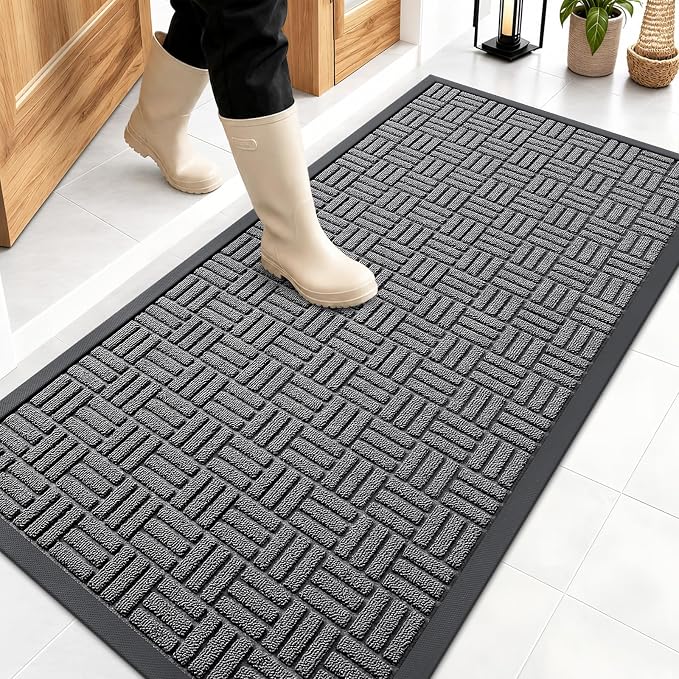 OLANLY Front Door Mat Outside Entrance 47x23, Absorbent, Heavy Duty Sturdy Natural Rubber Doormat Indoor Outdoor, Stain and Fade Resistant, Non-Slip Backing Low Profile Floor Mat for Entryway, Grey