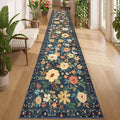 DUKINO 2.6x14 Kitchen Runner Rug, Lightweight Floral Washable Rug for Hallway, Boho Low Pile & Non Slip Backing Soft Floor Carpet for Entryway, Bedroom, Bathroom, Laundry, Navy Blue