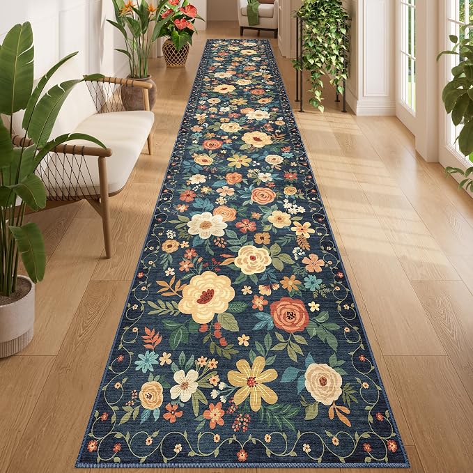 DUKINO 2.6x14 Kitchen Runner Rug, Lightweight Floral Washable Rug for Hallway, Boho Low Pile & Non Slip Backing Soft Floor Carpet for Entryway, Bedroom, Bathroom, Laundry, Navy Blue