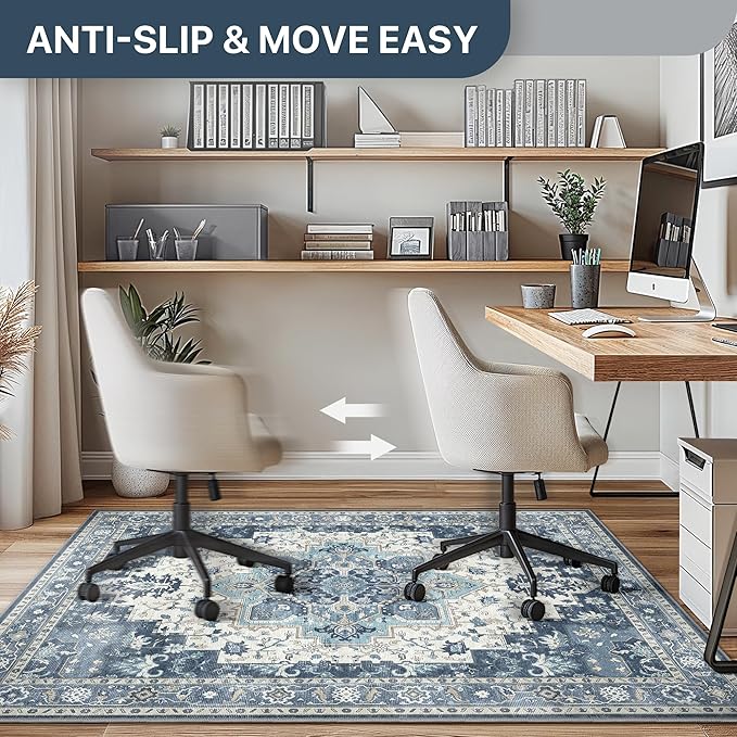 36"x48" Office Chair Mat for Hardwood Tile Floor, Under Desk Carpet Protector for Rolling Computer Chair Mat, Machine Washable Area Rug, Anti-Slip 1/5" Thick Low Pile Thin Vinyl Floor Mat, Navy