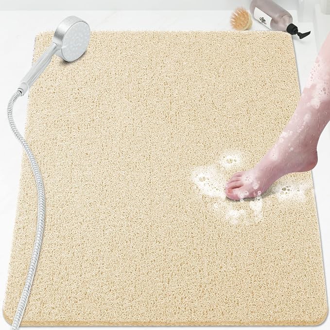 Shower Mat Bathtub Mat Non-Slip,32x24 inch, Soft Tub Mat with Drain,PVC Loofah Bath Mat (Phthalate Free) for Tub and Bathroom,Quick Drying,Khaki