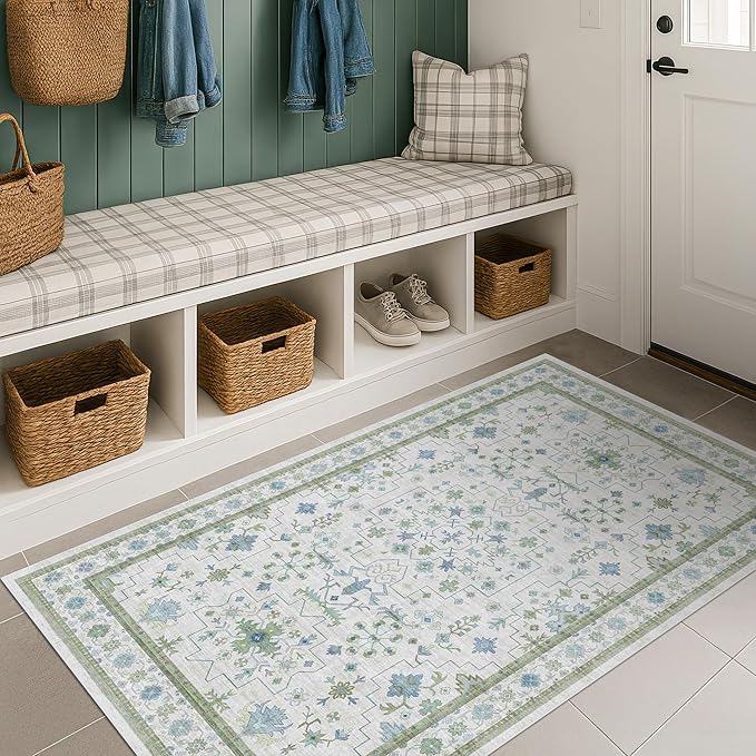 Hazo Haus Blue and Green Washable Rugs 3x6 - Vintage Boho Floral Pastel Cream, Washable Low Pile Non Slip Small Throw Accent Area Rug for Entry Way, Laudry Room, Kitchen, Bedroom Beside Bed Decor