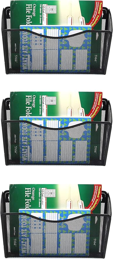 EASEPRES 3 Single Pocket Mesh Hanging File Organizer, Vertical Wall Mounted Magazine File Holder, Mount Basket Mail Paper Document Folder Organizing for Office, Home and School, Black